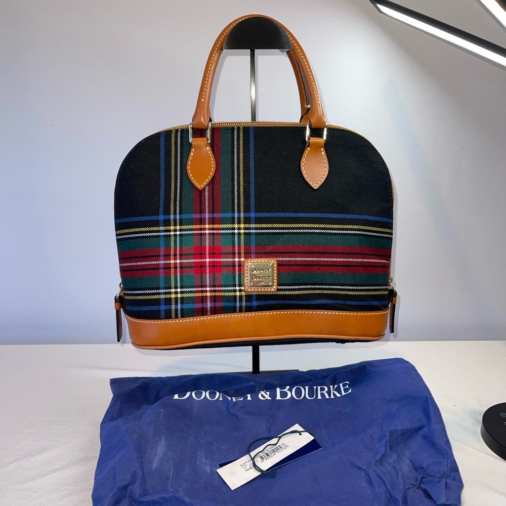 Dooney & Bourke Black Plaid Satchel with Tan Leather Trim